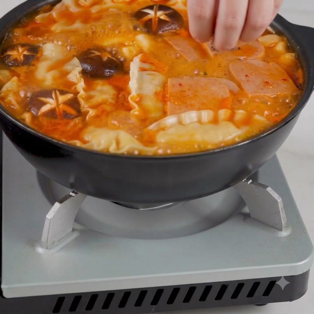 韓国風キムチスープの鍋に、手でいりごまと刻みネギを振りかけている様子。