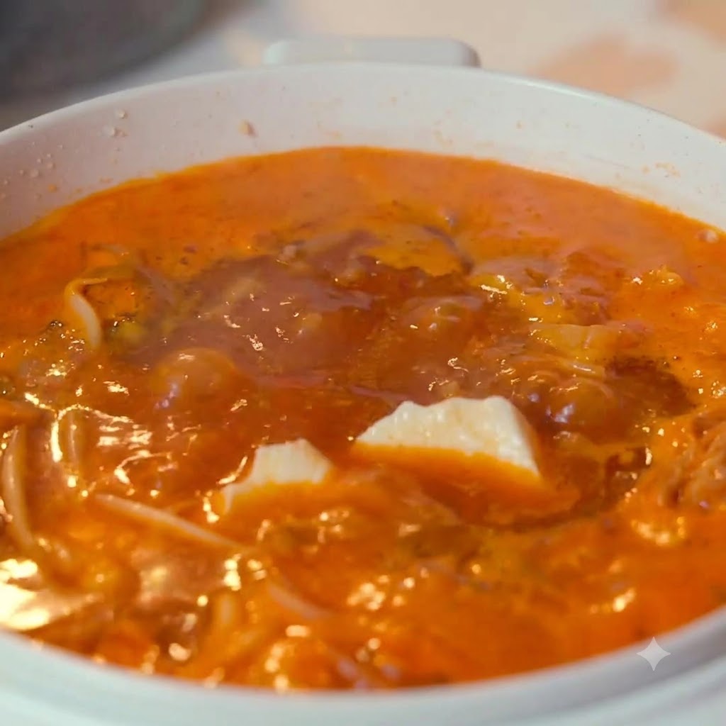 煮立ったオレンジ色のスープの中に、柔らかい豆腐の塊が浮かんでいる様子。