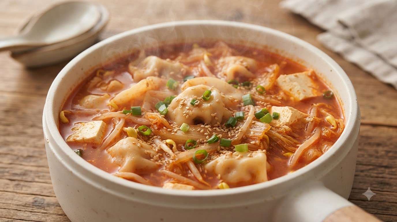 ピリ辛韓国風キムチ餃子スープ（マンドウグク）