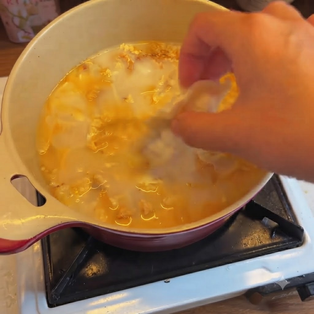 白濁したオレンジ色のスープが煮立つ鍋に、手でキムチ餃子を入れている様子。