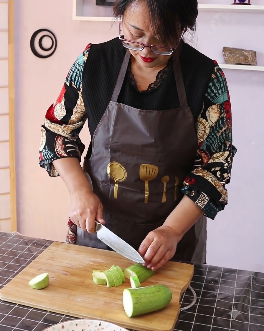 木製のまな板の上で、白菜と大きめの木綿豆腐を切っている様子。