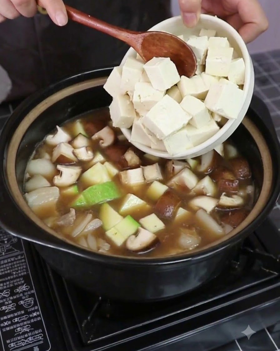 野菜とスープの入った鍋に、木綿豆腐の角切りを加えている様子。