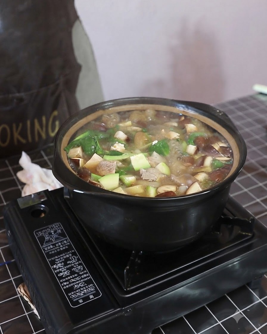 ぐつぐつ煮えるスープと野菜の鍋に、白い調味料をスプーンで入れている様子。