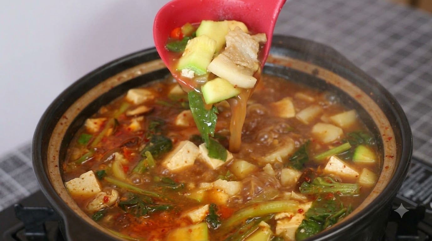 延辺風テンジャンチゲ（韓国式みそ汁・豚バラ肉と豆腐のスープ）