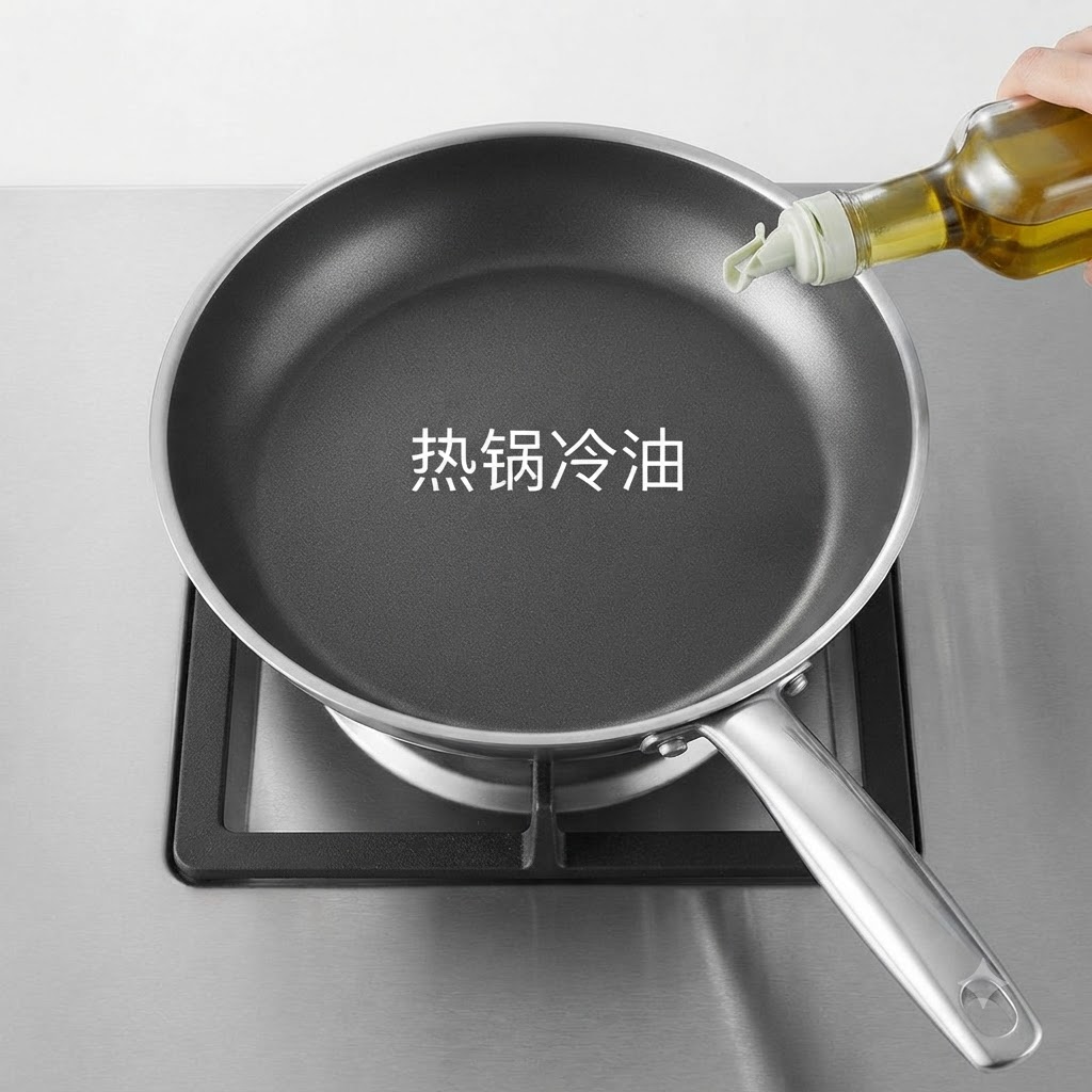 コンロ上の熱したフライパンに油が注がれている様子。