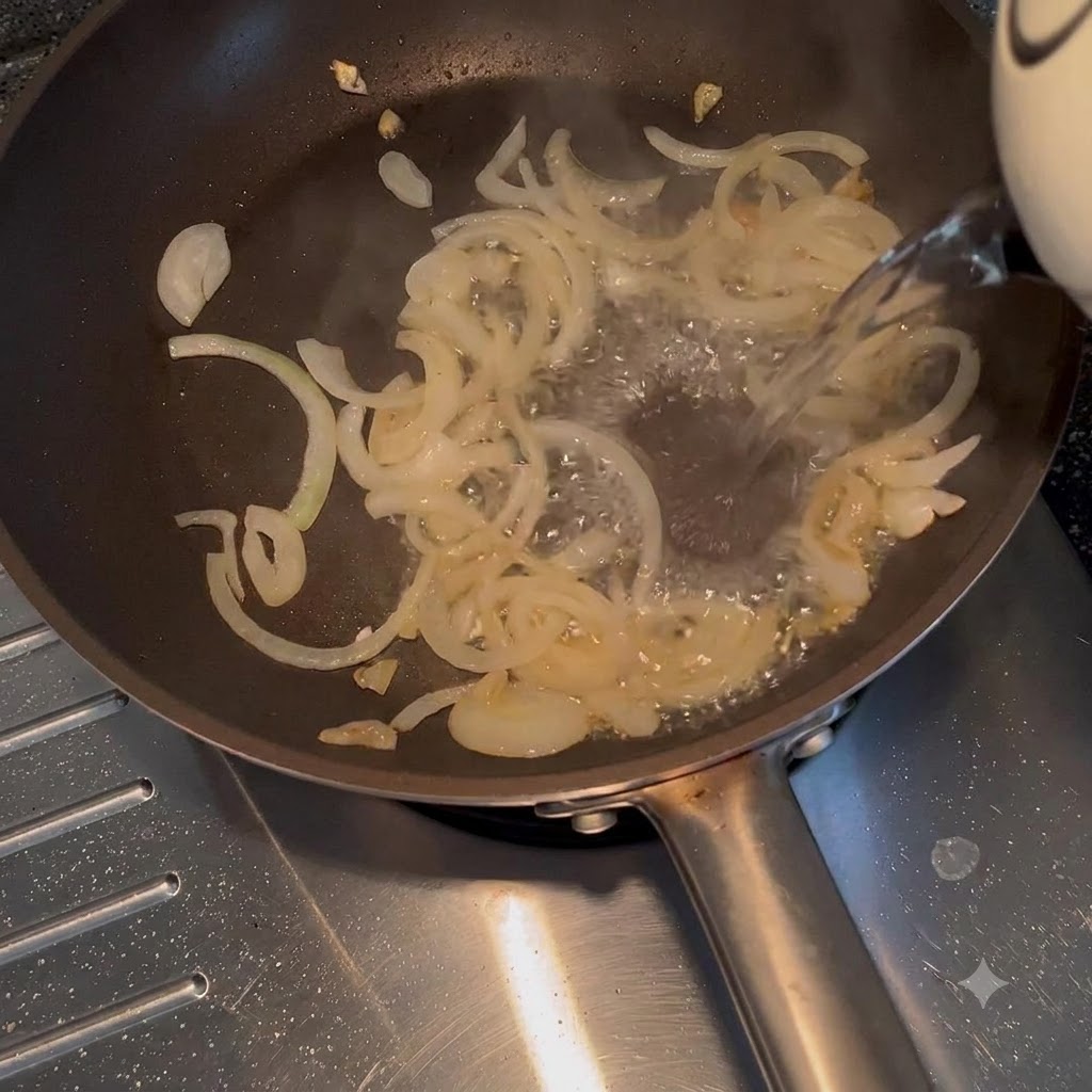 透明に炒められた玉ねぎが入ったフライパンに、ヤカンからお湯が注がれている様子。