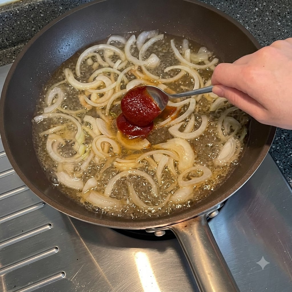玉ねぎの入った沸騰したお湯に、スプーン一杯の韓国唐辛子味噌が加えられている様子。