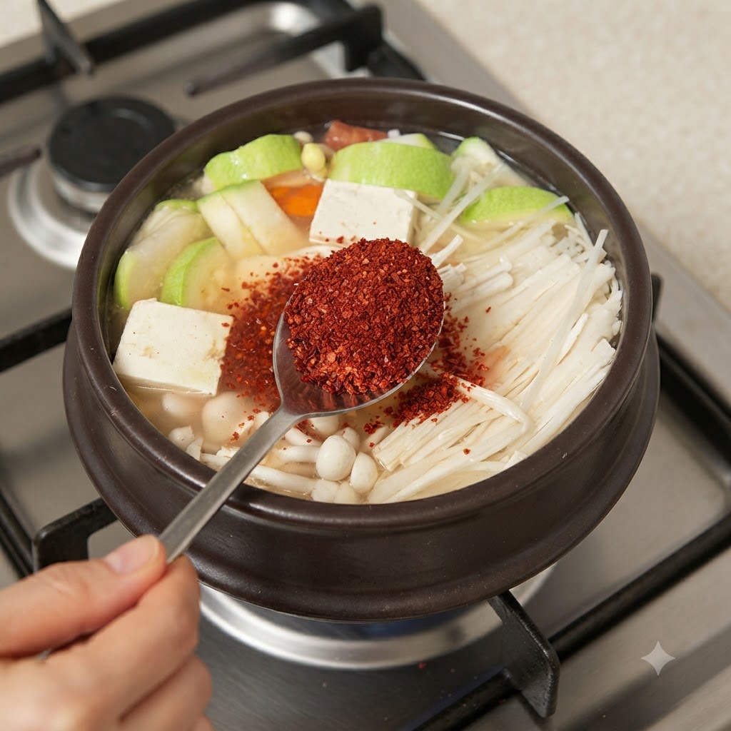 鮮やかな赤色の粉唐辛子をスプーンですくい、煮込んでいるチゲの鍋に加えている様子。