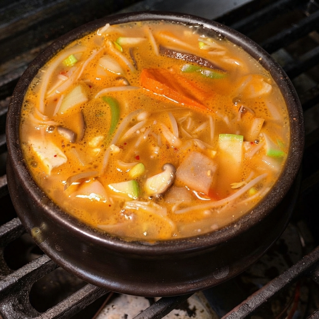 グツグツ煮える韓国味噌チゲの中に、新鮮なレタスの葉と芯を混ぜ合わせている様子。