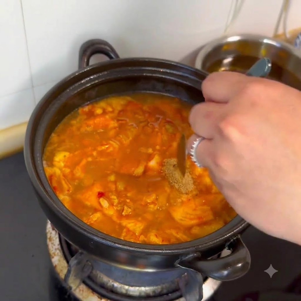小さなスプーンを使って、煮立っているチゲの鍋に牛肉ダシと調味料を入れている様子。
