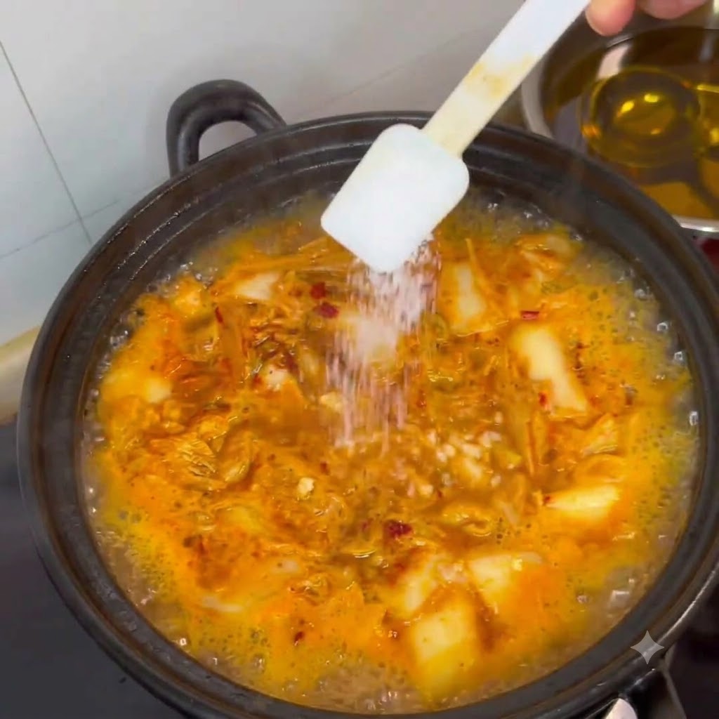 白い皿に用意された豆腐のサイコロを、煮立っているチゲの鍋にそっと滑り込ませている様子。