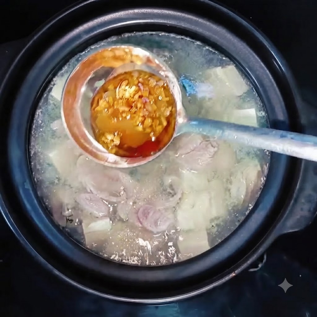 ネギ油と調味料を入れたお玉を、牡蠣と豆腐のスープが煮立っている鍋にかざしているところ。