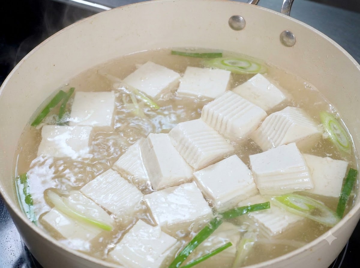 長ねぎと生姜が入った沸騰したお湯の中で、白い豆腐のキューブが煮込まれている様子。