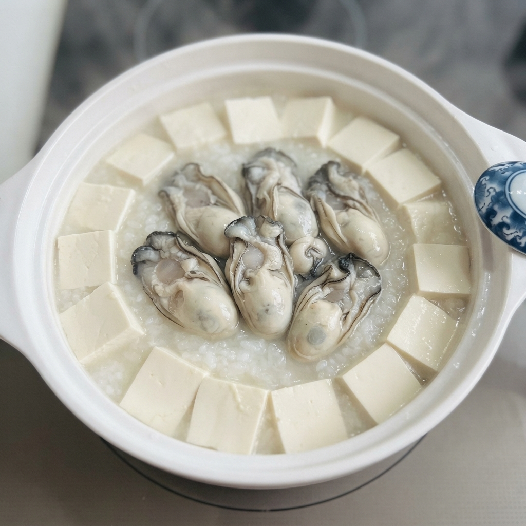 白いセラミック鍋の中で牡蠣と豆腐が一緒に煮込まれている様子