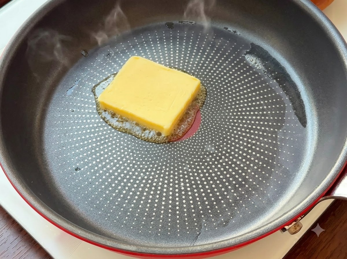 熱したノンスティック加工のフライパンの中央で、四角い黄色いバターが溶けているところ。