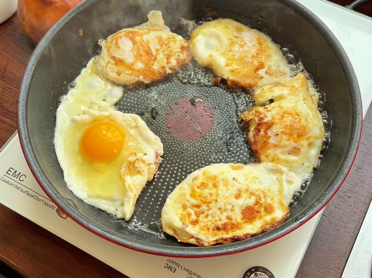 ノンスティックフライパンの中で、白身が泡立ち鮮やかな黄身をたたえた複数の目玉焼きが焼かれているところ。