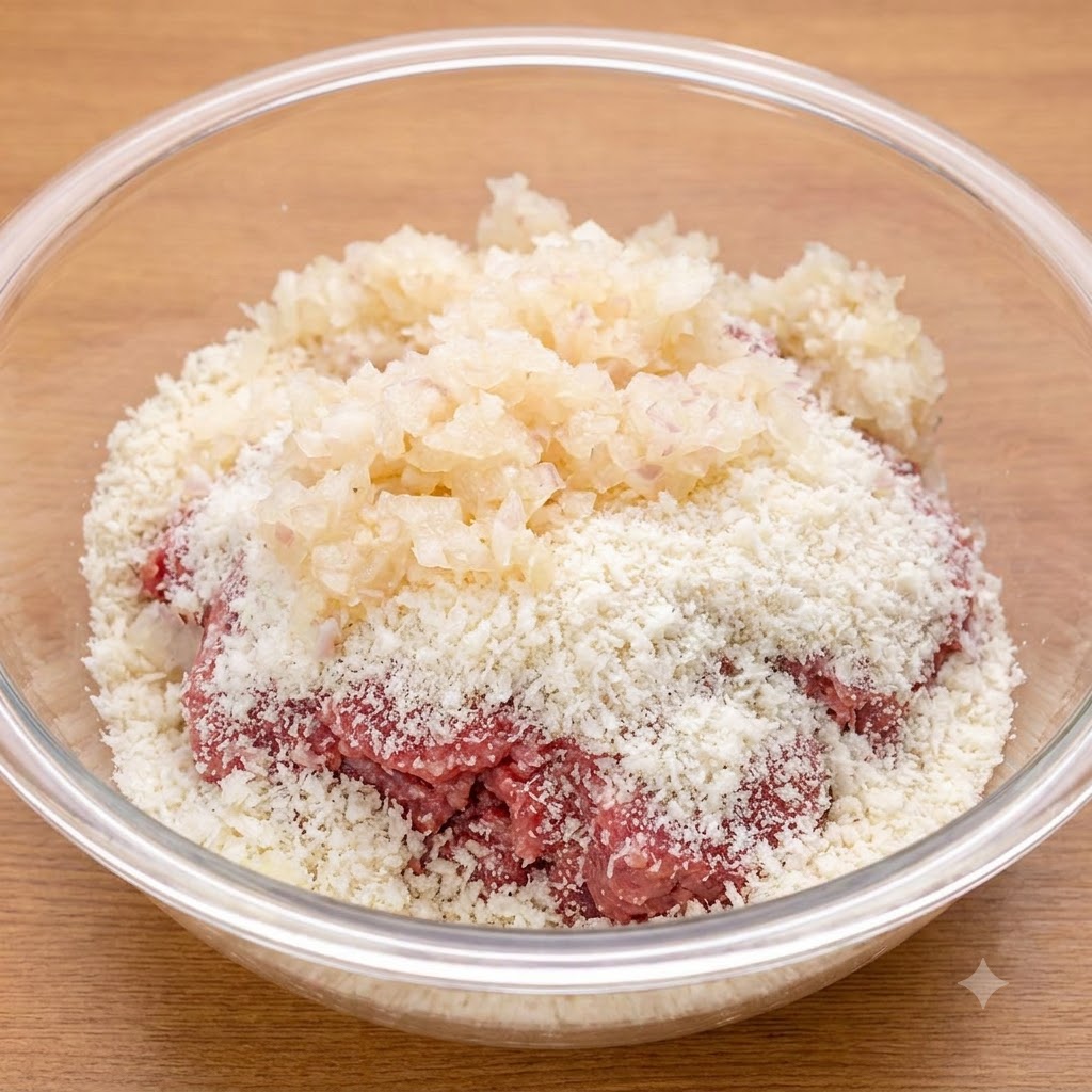 ガラスボウル内の牛ひき肉とパン粉の上に、調理済みの刻み玉ねぎが山盛りになっている様子。