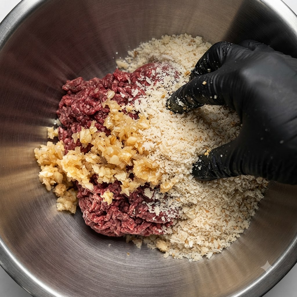 手袋を着用した手が、肉の入ったボウルに調味料を混ぜ込んでいる様子。