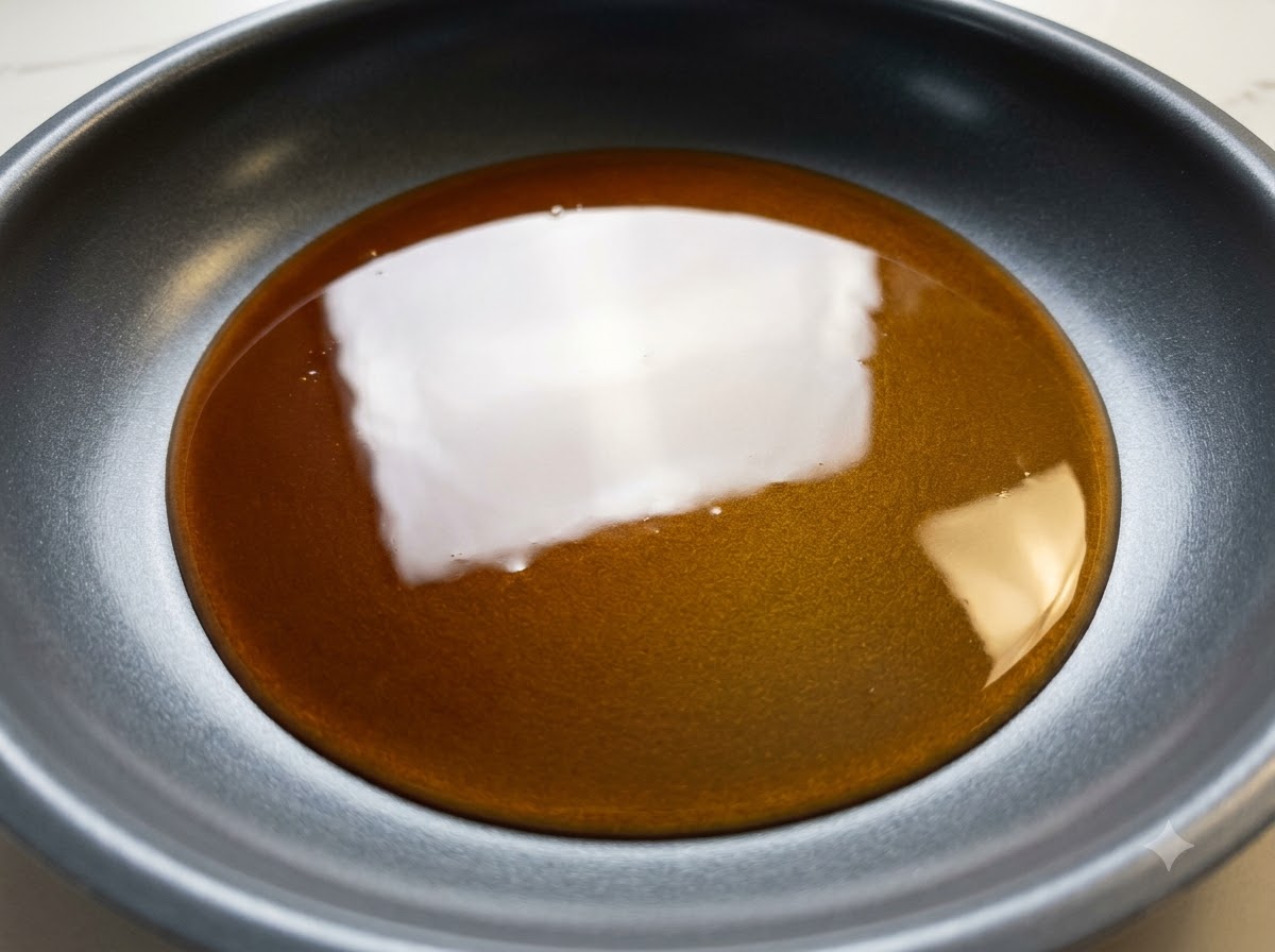 中火のフライパンの中で濃い色の照り焼きソースがフツフツと煮詰められている様子。