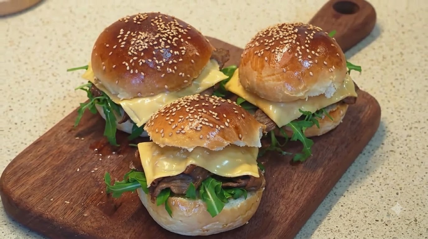 チェダーチーズとルッコラを挟んだ自家製照り焼きビーフバーガー