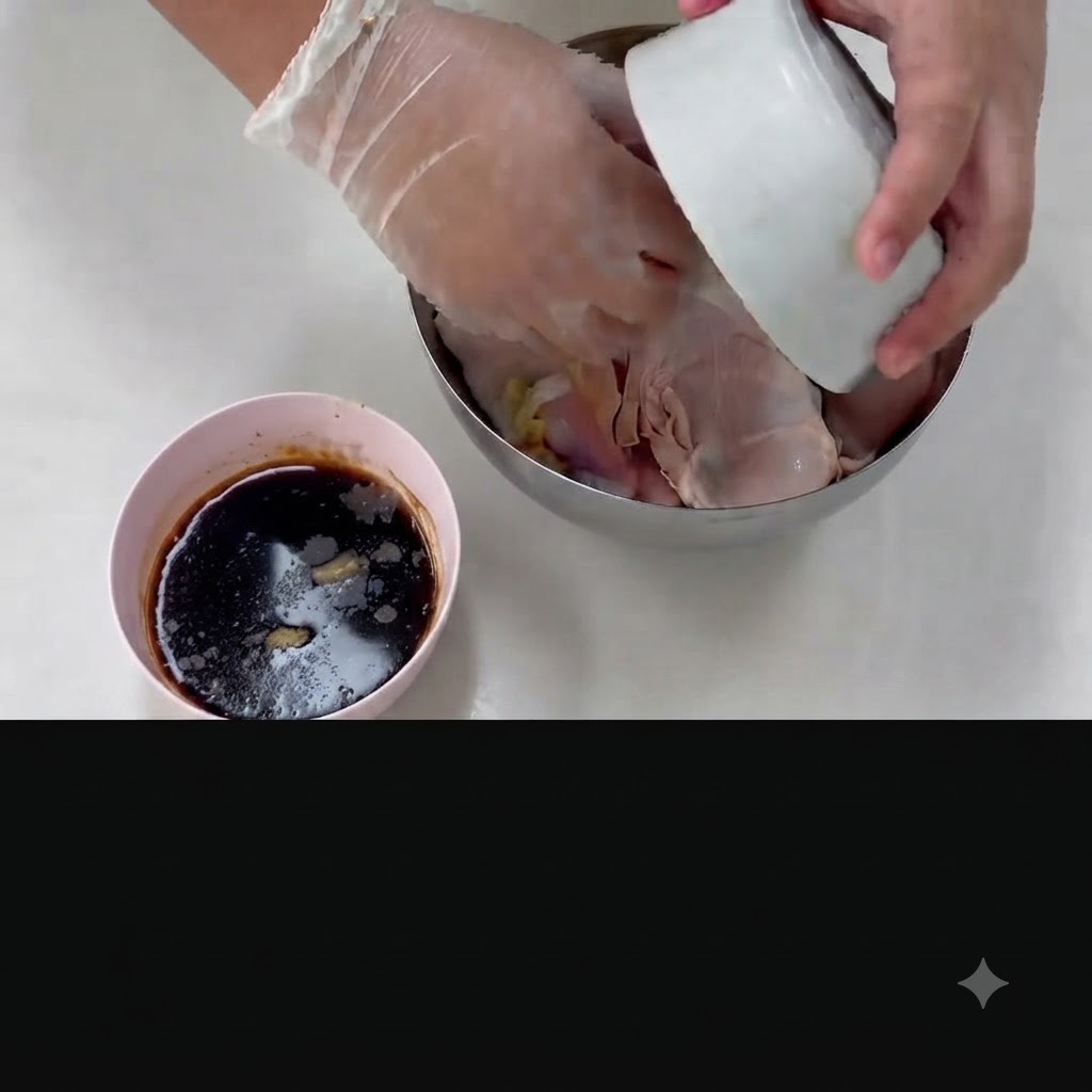 小さなボウルから鶏肉の入ったボウルへ香味野菜を投入している様子。