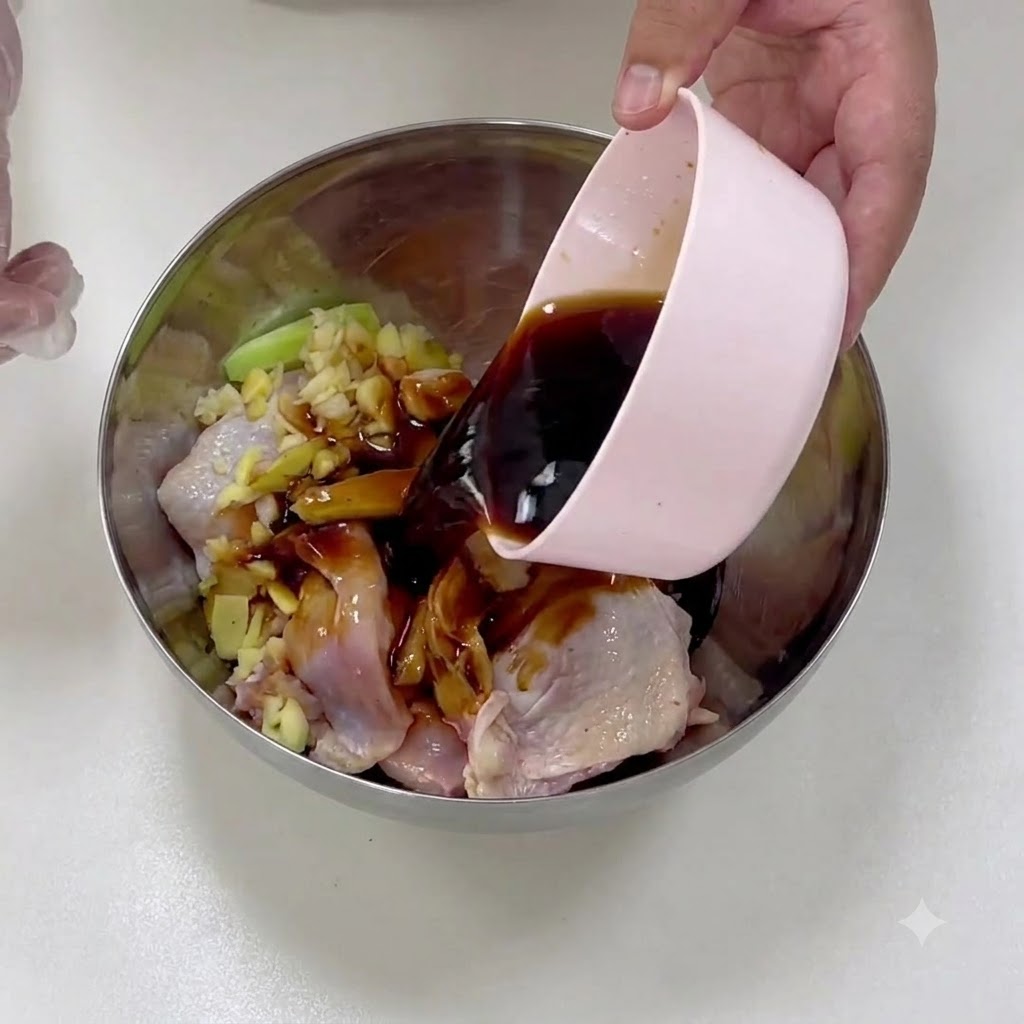 ボウルから鶏肉へダークな照り焼きソースの混合液を注いでいる様子。