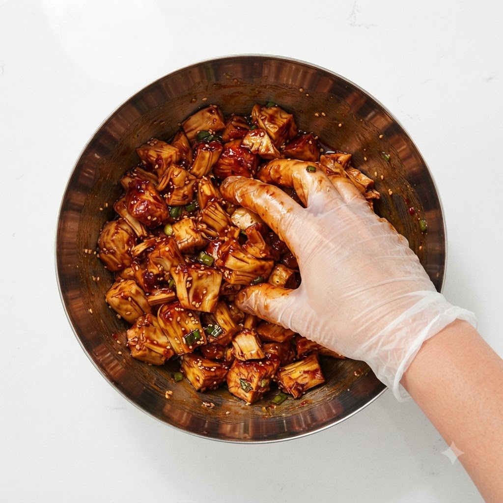 手袋を着用した手で、ボウルの中で鶏肉とマリネ液を混ぜ合わせている様子。