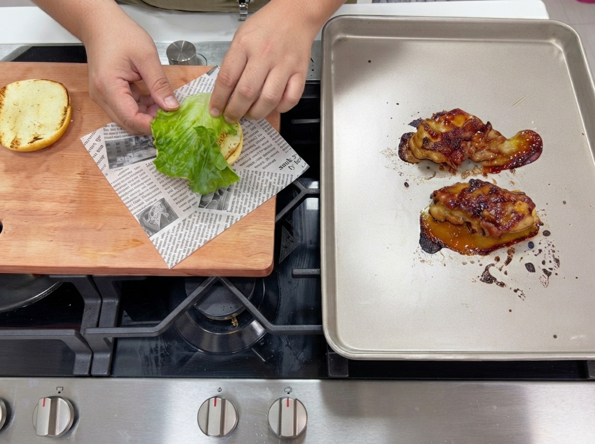 天板に並べられた焼き色がついた鶏もも肉に、照り焼きソースをハケで塗っている様子。