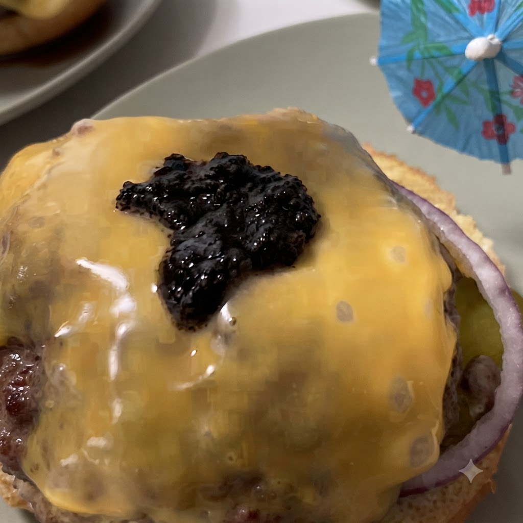 バーガーの溶けた黄色いチーズの上にスプーンですくわれた黒トリュフパテのダークなドロップ。