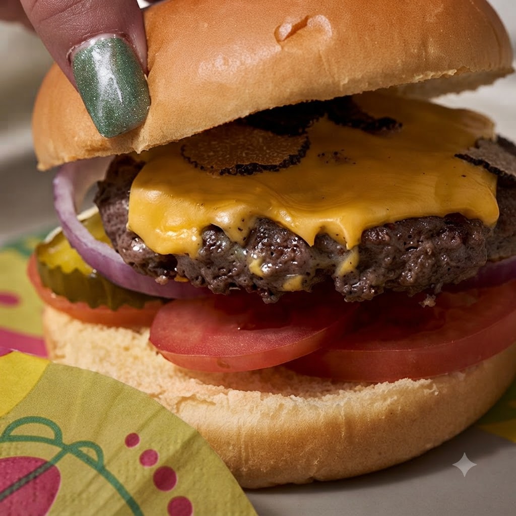 バーガーを組み立てるために、溶けたチーズとビーフパティの上に上のバンズが被せられるところ。