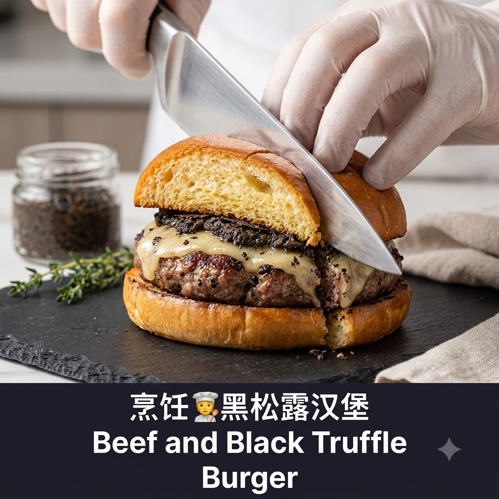 組み立てられたバーガーの中心に、色鮮やかなカクテル傘が差し込まれるところ。