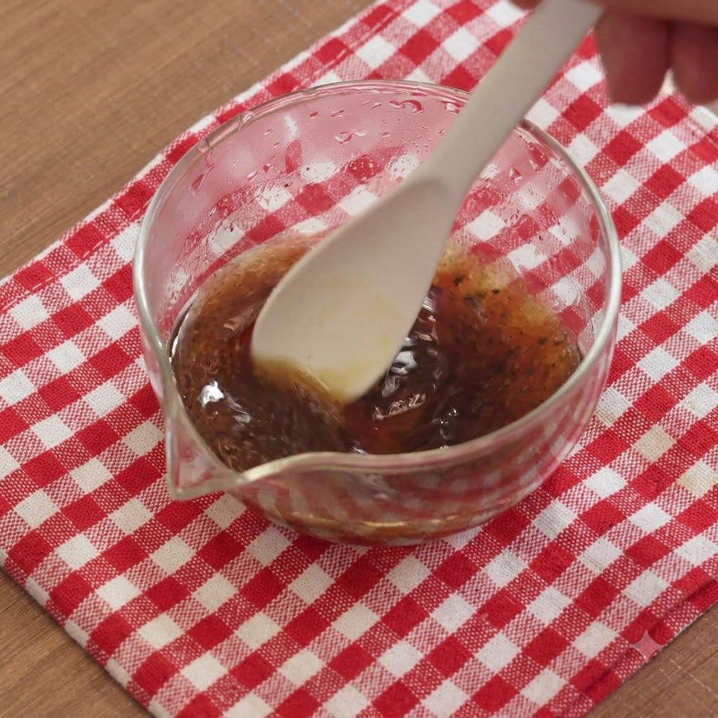 赤いチェック柄の布の上に置かれた、キノコの煮汁が入ったボウルに、スプーンで薄口醤油と黒トリュフソースを混ぜ入れている様子。