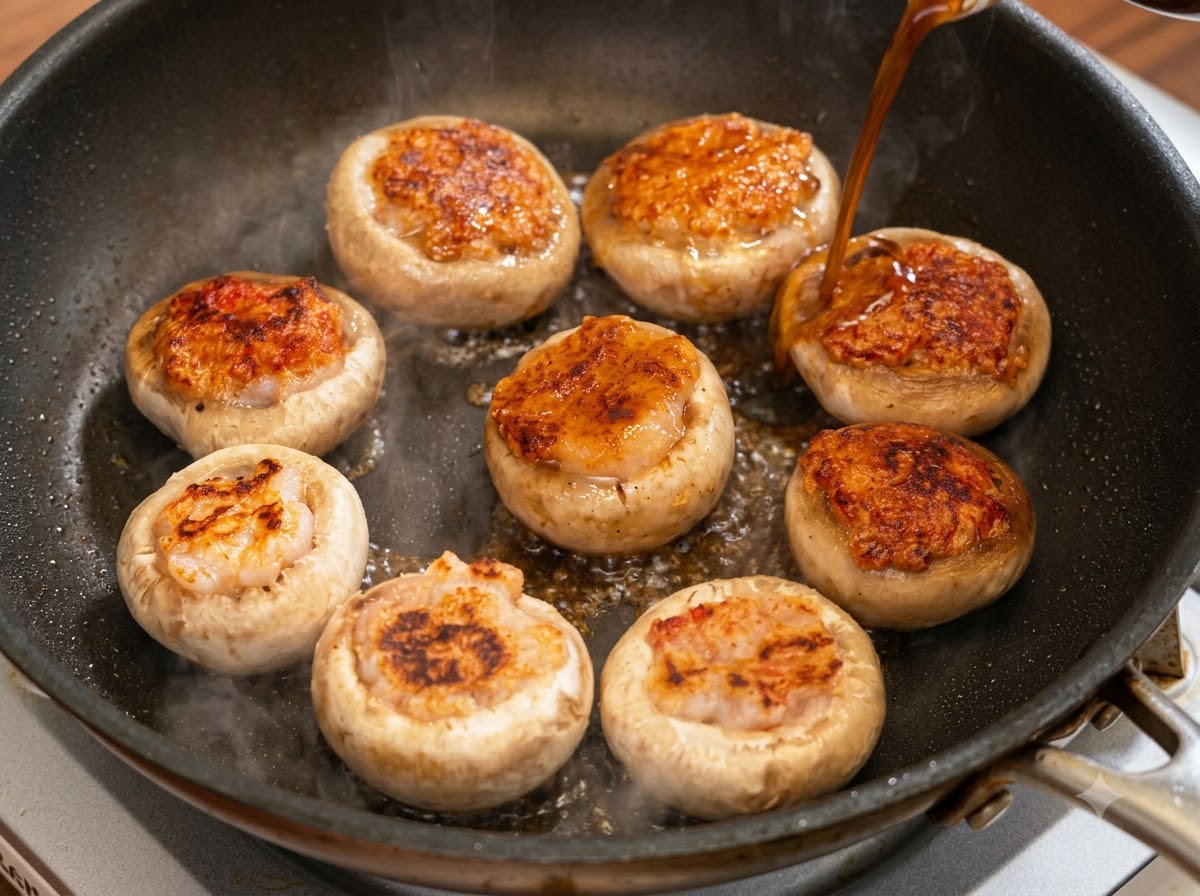 きつね色に焼けた詰物入りマッシュルームが入ったフライパンに、ボウルから黒っぽい調味液が注がれている様子。