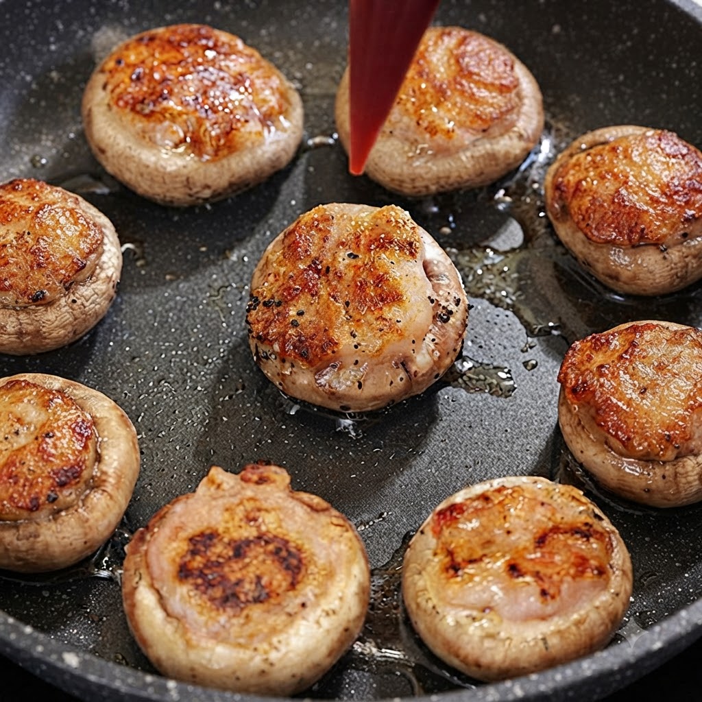 濃い色のスキレットの中で、きつね色に焼けたマッシュルームの上に赤いケチャップがスクイズボトルから絞り出されている場面。
