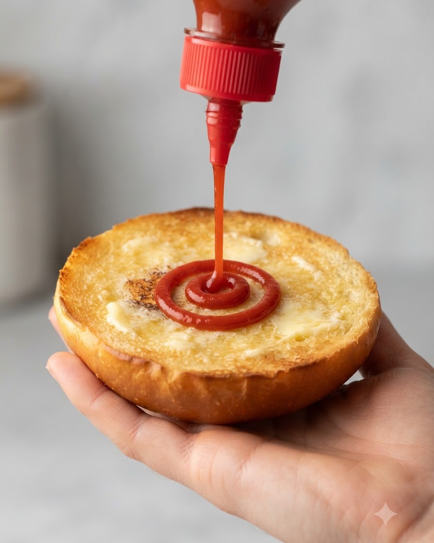 手に持ったバーガーバンズのトーストしてバターを塗った表面に、赤いプラスチック製のスクイーズボトルから鮮やかな赤色のケチャップが絞り出されている様子。