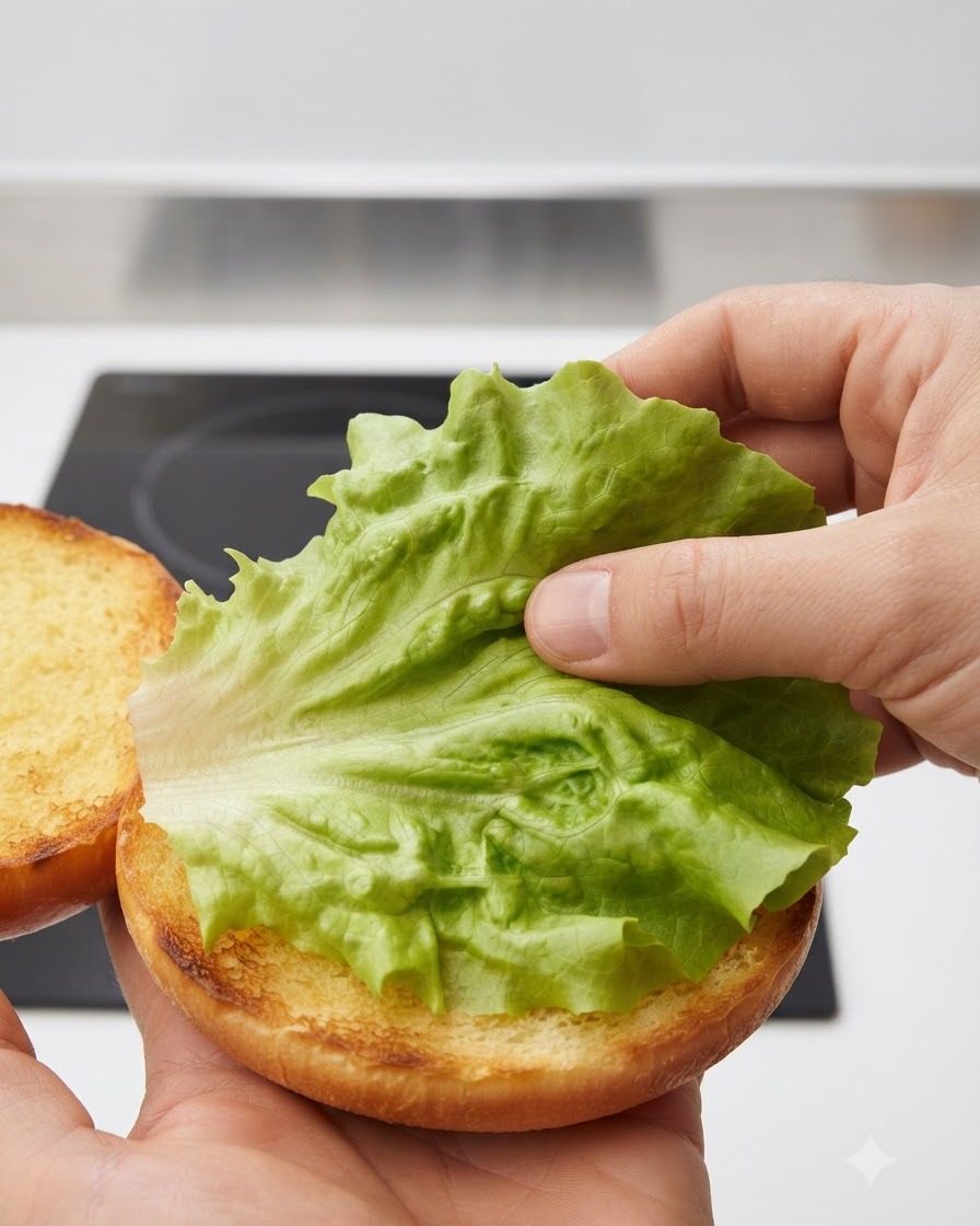 トーストしたバーガーバンズの下半分の上に、手できれいにウェーブした鮮やかな緑色のレタスの葉が置かれている様子。