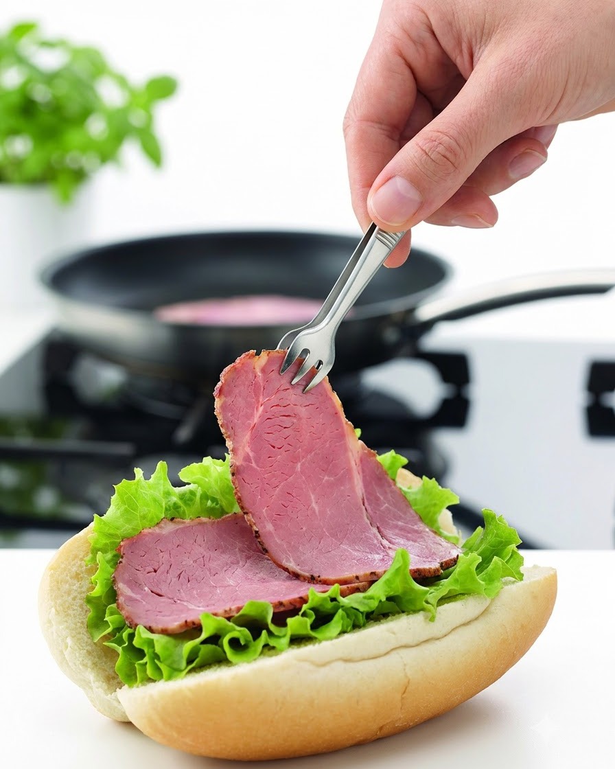 トングを使って、レタスを敷いたバーガーバンズの上に炒めた薄切り牛肉をのせている手。