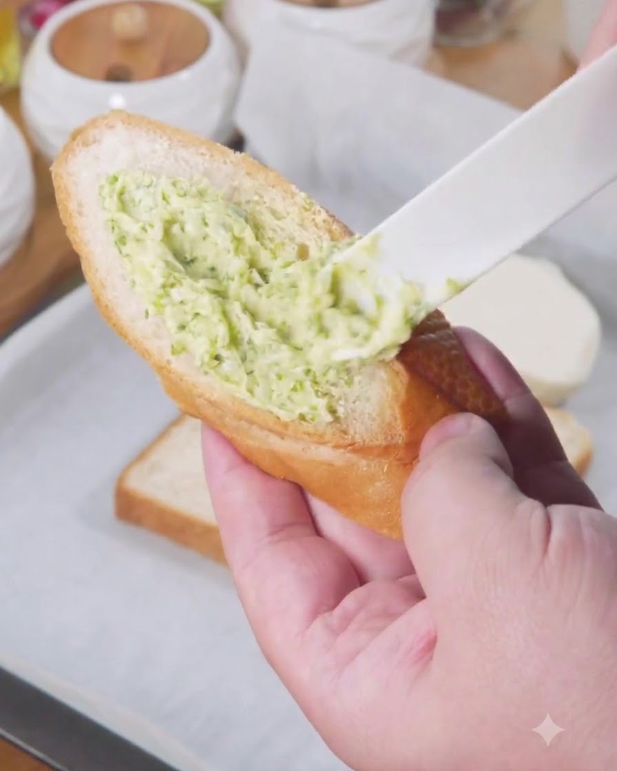 プラスチックのスプレッダーを使って、パンのスライスに緑色のガーリックバターソースを塗っている様子。