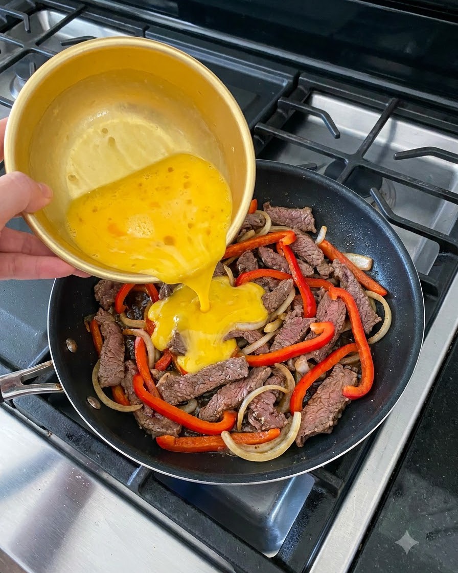 金色のボウルから、牛肉、玉ねぎ、赤パプリカの入ったフライパンへ、溶き卵が注がれている様子。