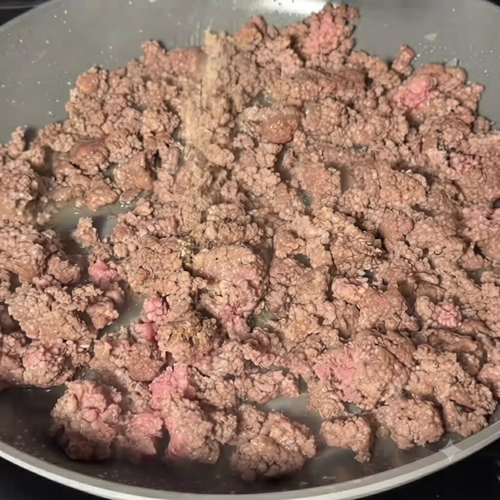 フライパンの中の炒めた牛ひき肉に、スパイスと調味料の粉末が振りかけられている様子。
