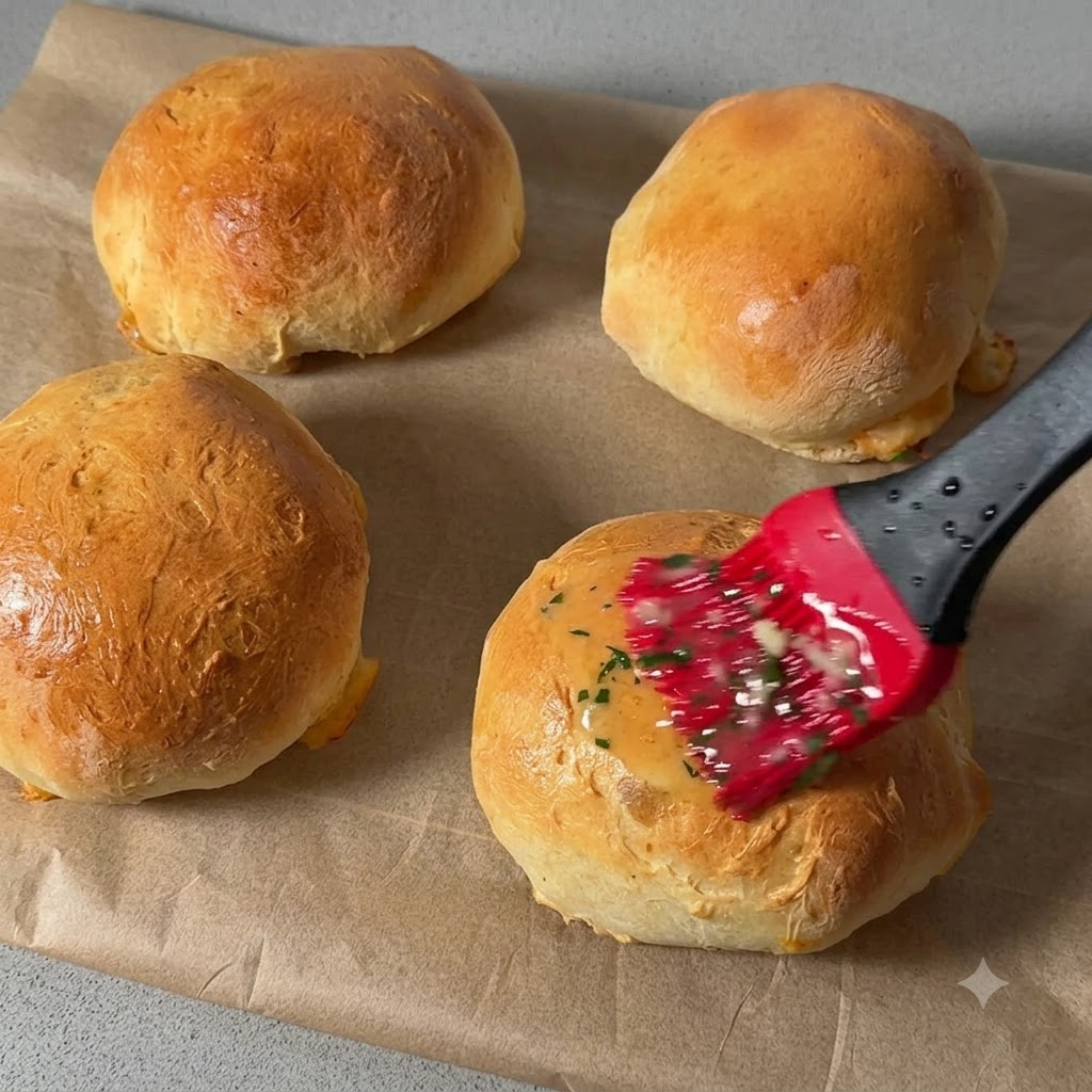 黄金色に焼き上がったパンの表面に、赤いシリコンブラシで溶かしガーリックバターとハーブが均等に塗られている様子。