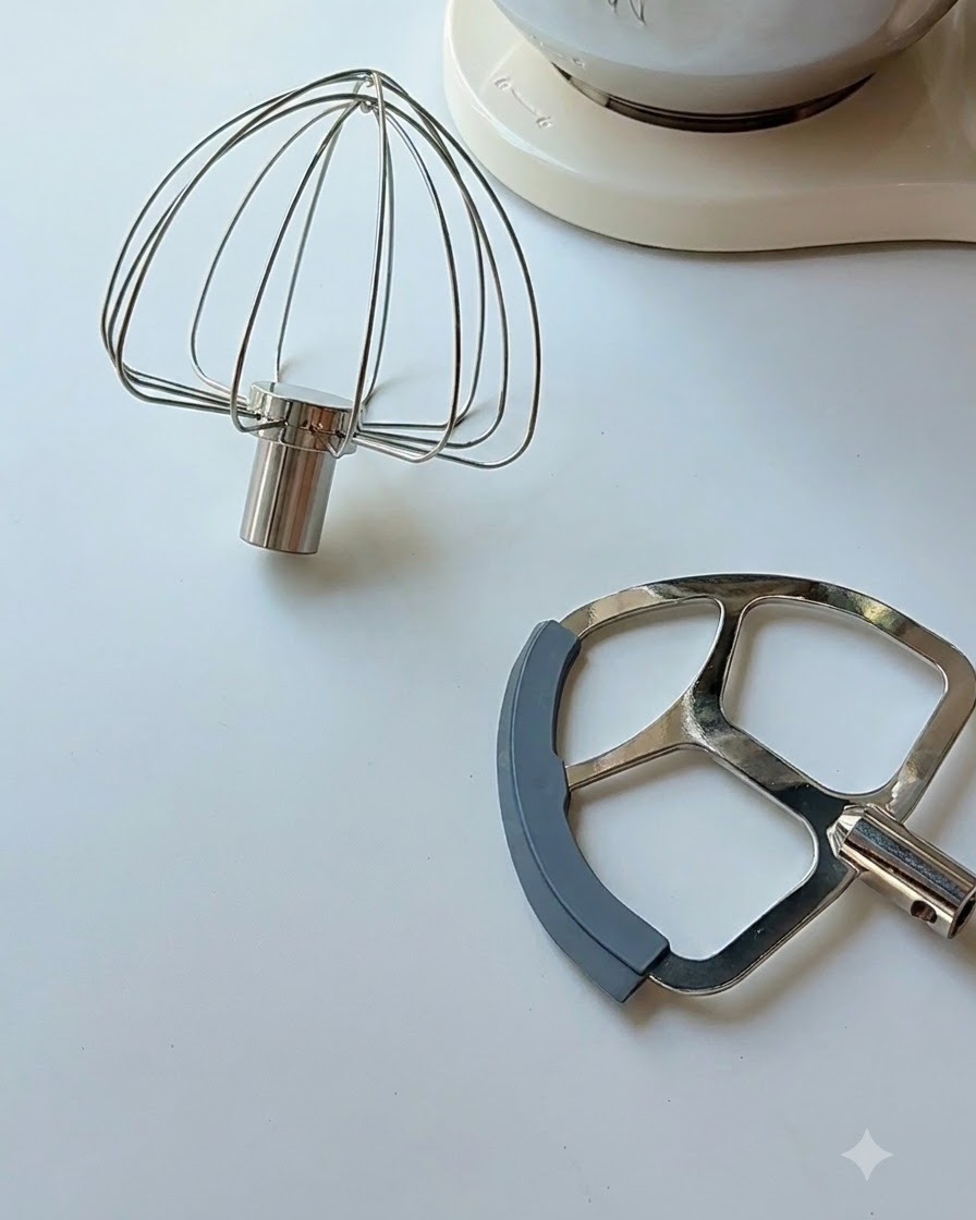 白いテーブルの上に置かれた、スタンドミキサーの泡立て器アタッチメントとドゥフックアタッチメント。