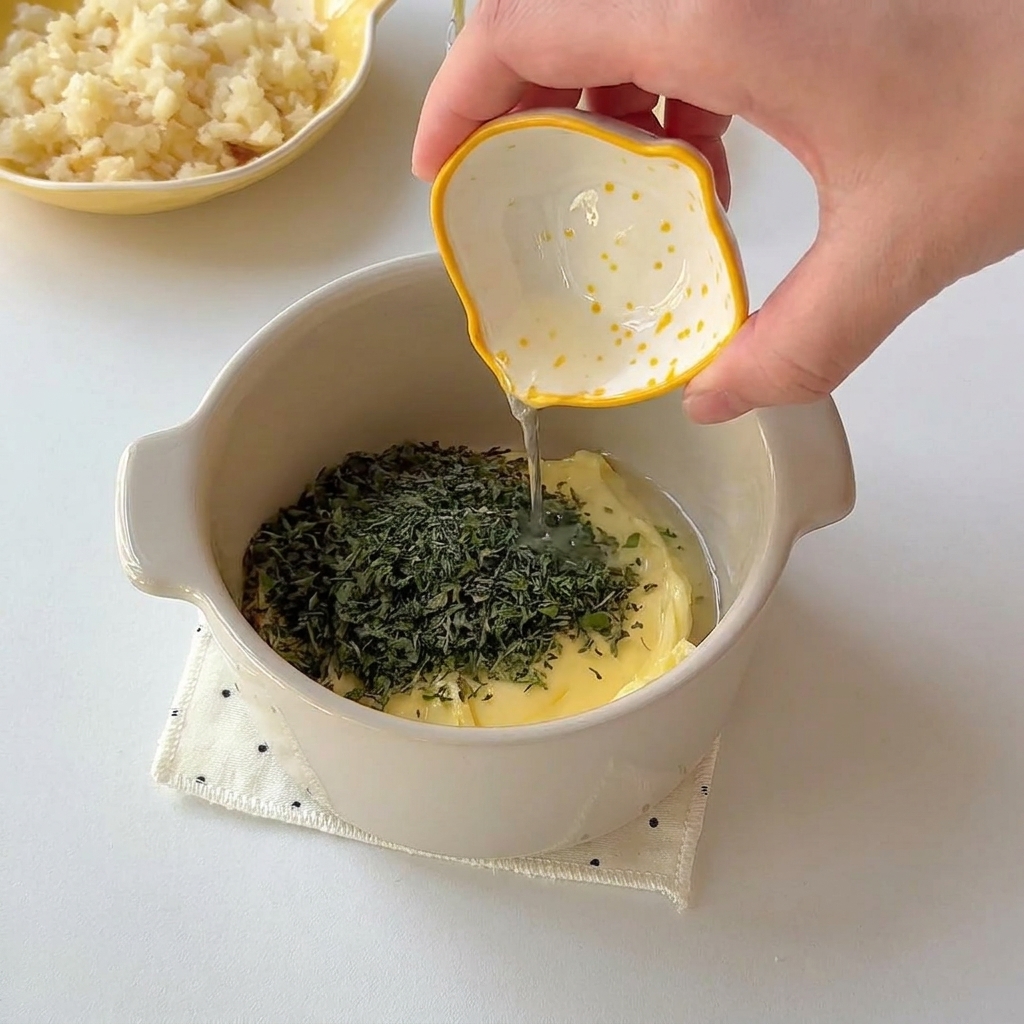 柔らかくなったバターと刻みパセリが入った小さな容器と、レモン汁を注いでいる小さなボウル。