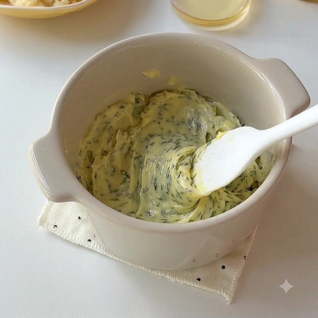 セラミックボウルの中で、柔らかくしたバターとパセリの混合物にハチミツとおろしニンニクがしっかりとかき混ぜられている様子。