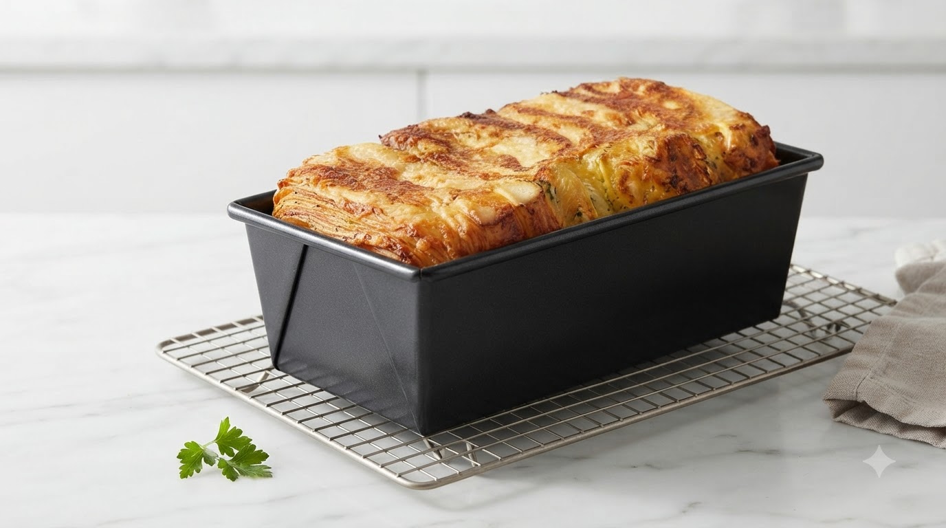 ワイヤー冷却ラックの上の食パン型に入った、焼き立てのガーリックバターチーズトーストローフ