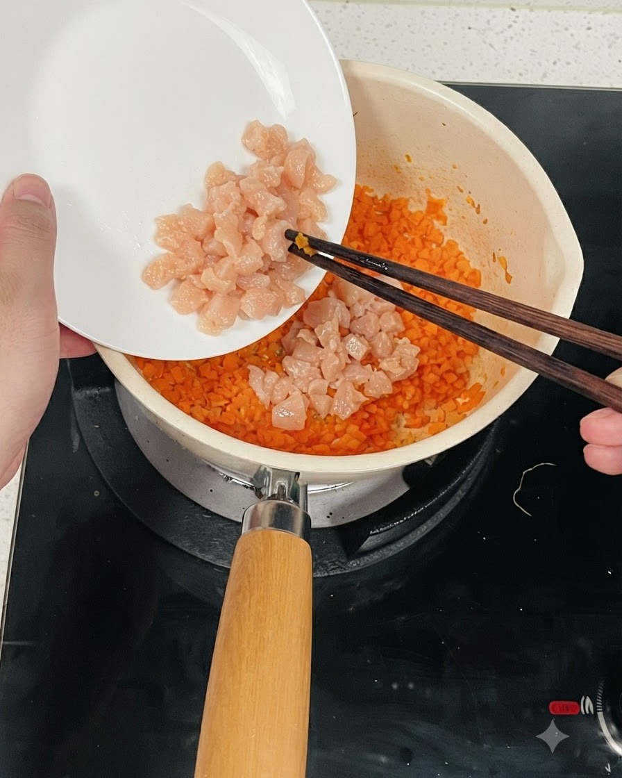 白い皿から箸を使って、刻んだ野菜の入った鍋へとマリネした鶏ひき肉が入れられている様子。