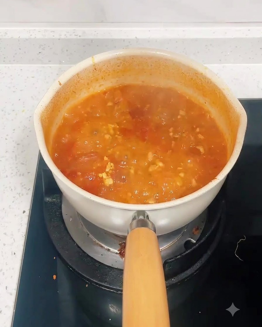 煮立っている赤色のトマトミートソースの鍋に浸されている乾燥スパゲッティの麺。