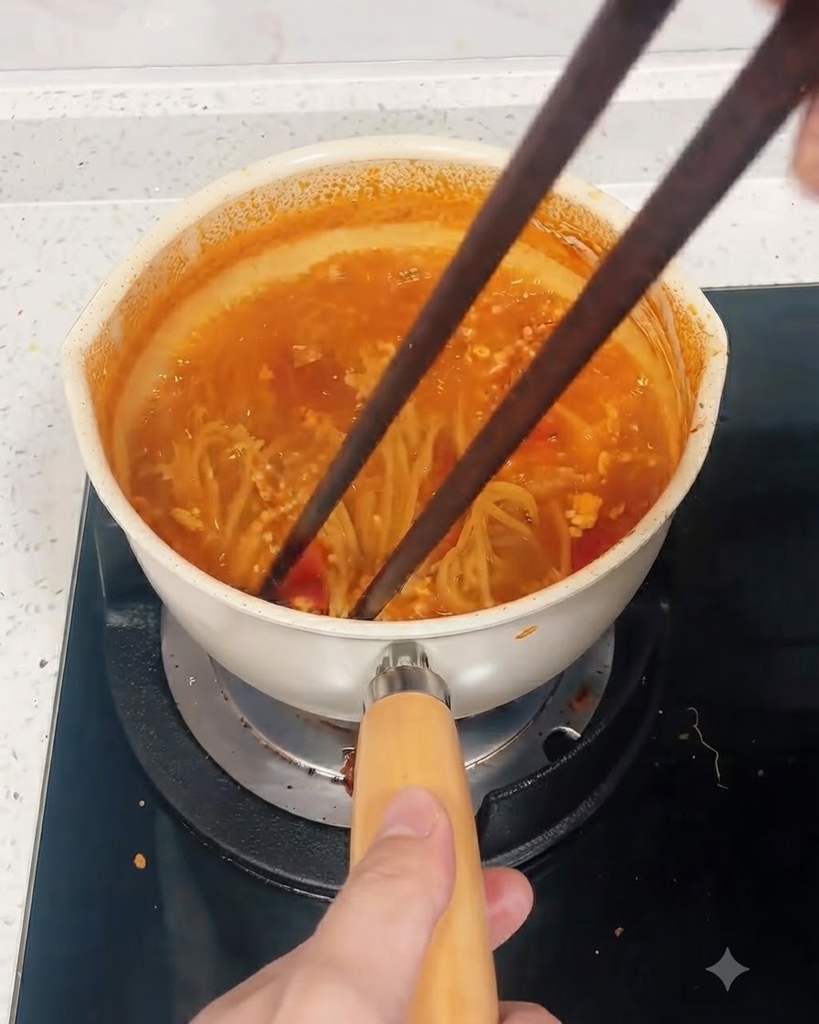 黒い箸のペアを使って、煮込んでいる赤いソースの鍋の中でスパゲッティの麺をかき混ぜている様子。