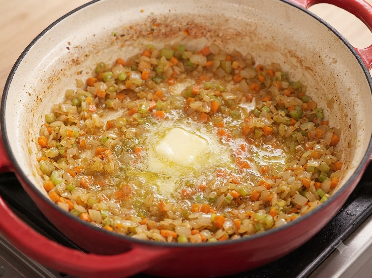 細かく切った炒め野菜で満たされたフライパンの中心で、ひと切れのバターが溶けている様子。