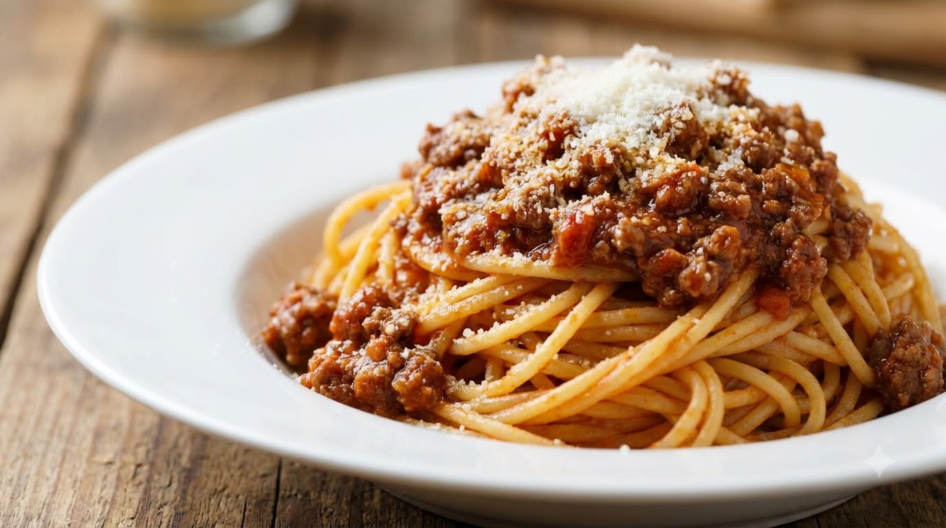 濃厚でとろみのあるイタリアンボロネーゼソースと粉チーズをかけたスパゲッティの一皿